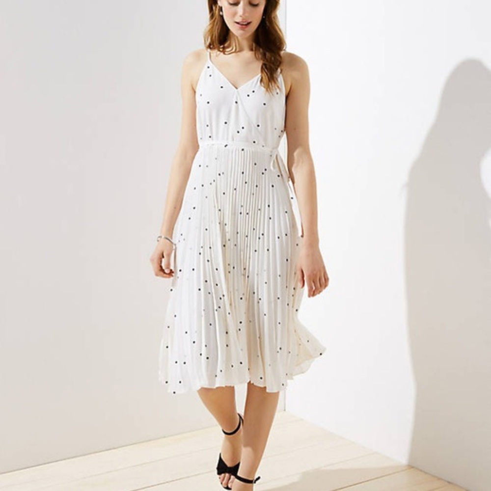 Loft faux wrap pleated white polka dot dress